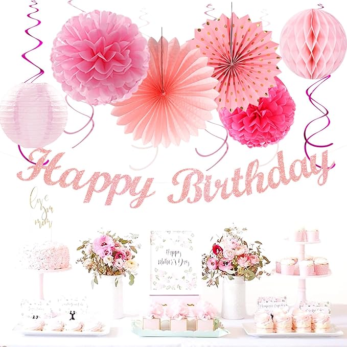 Tissue Pom Poms Pink Birthday Party Decorations Kit, 21 Pieces