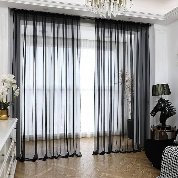 Window Black Sheer Curtains 48 Inches Width 45 Inches Long 2 Panels Sheer Curtain Clear Curtains Basic Rod Pocket Panel for Home Living Room Bedroom Kids Room Yard Patio Parlor Sliding