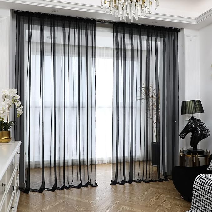 Window Black Sheer Curtains 60 Inches Width 120 Inches Long 2 Panels Sheer Curtain Clear Curtains Basic Rod Pocket Panel for Home Living Room Bedroom Kids Room Yard Patio Parlor Sliding