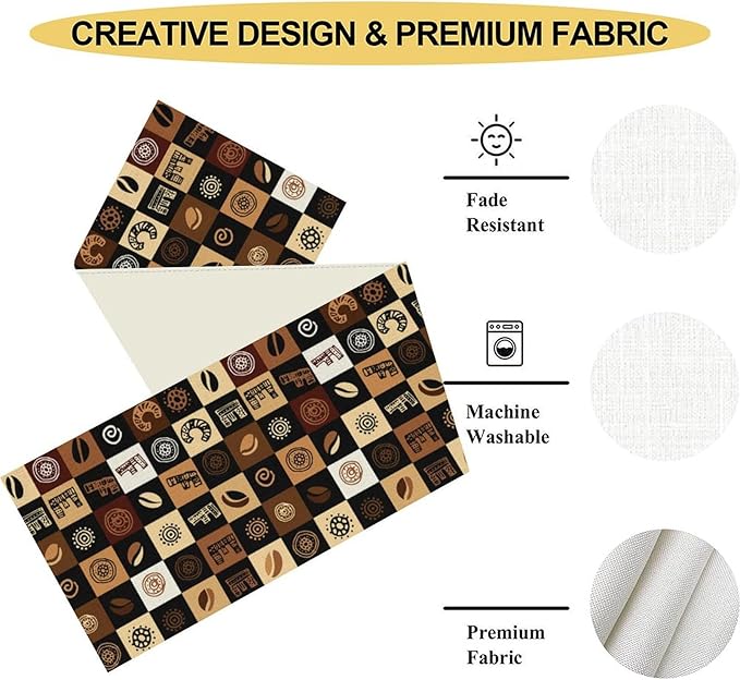 Coffee Theme Table Runner, Rustic Farmhouse Coffee Cup Latte Cappuccino Tea Party Cafe Table Center Decor for Home Kitchen Dining Patio Holiday Party Indoor Outdoor Table Decorations, 13"x108" Inch