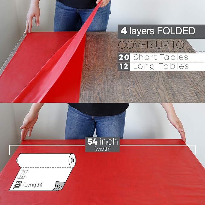 Tablecover Roll, Red Plastic, 54 x 1296 Inches, Disposable