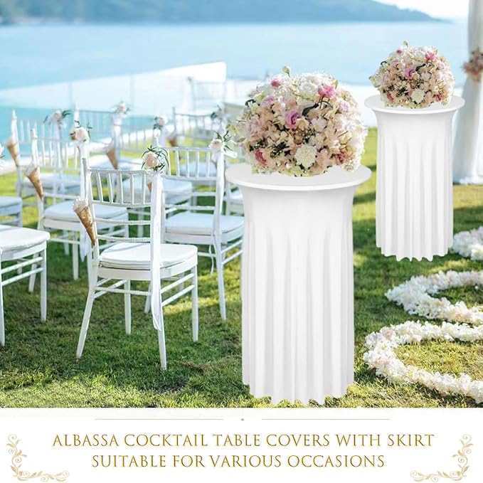 Albassa 2 Pack Cocktail Table Covers 32"x 43" Spandex Stretch Round Cocktail Tablecloths with Wavy Drapes Fitted High Top Bar Table Skirt for Wedding Party Banquet (White, 2 PCS)