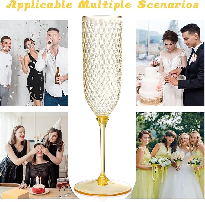 Champagne Glasses 24 Pack, Amber Detachable 2-Piece Plastic Flutes 5.5 oz