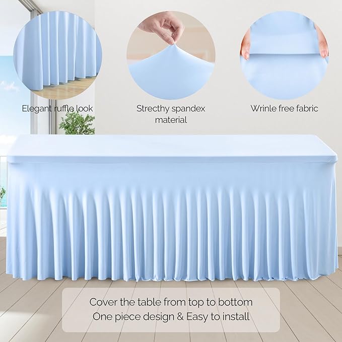 Wish Care 2 Pack Baby Blue Stretch Spandex Table Clothes for 4 Foot Rectangle Tables, 4FT Wrinkle Free Fitted Tablecloths Ruffles Design Table Cover for Party, Banquet, Wedding and Events