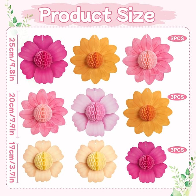 SUNBEAUTY 9 PCS Hot Pink and Orange Party Decorations Fall Large Hanging Paper Flowers Honeycomb Tissue Fiesta Sunset Autumn Decor for Birthday Thanksgiving Wedding Bridal Baby Shower Backdrop Wall