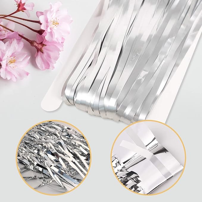10 Pack Silver Backdrop Curtain 3.2ft x 8.2ft Metallic Tinsel Foil Fringe Curtains Photo Booth Background for Birthday Party Decoration Baby Shower Engagement Wedding Christmas Decoration (Silver)