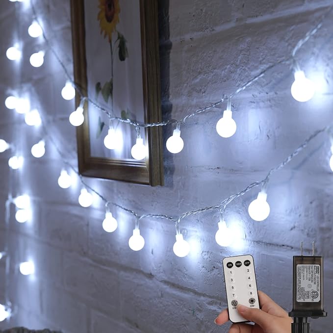 Minetom 66 Feet 200 Led Globe Ball String Lights - Fairy Plug-in With Remote, Waterproof for Indoor Outdoor Party Wedding Christmas Tree Garden Decoration, Pure White