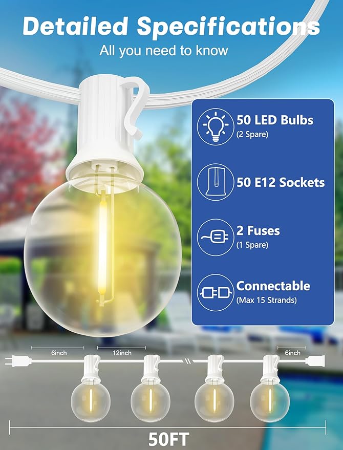 String Lights with 50 Warm White G40 LED Bulbs, Dimmable Outdoor