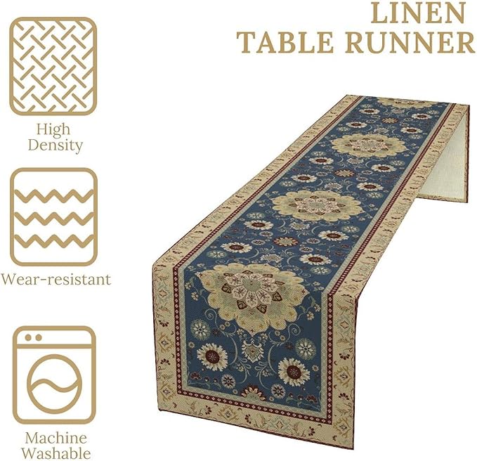 Vintage Boho Floral Table Runner, Elegant Rustic Country Farmhouse Blue Yellow Retro Flower Pattern for Home Kitchen Table Decor Dining Coffee Room Party Decor 13x120in