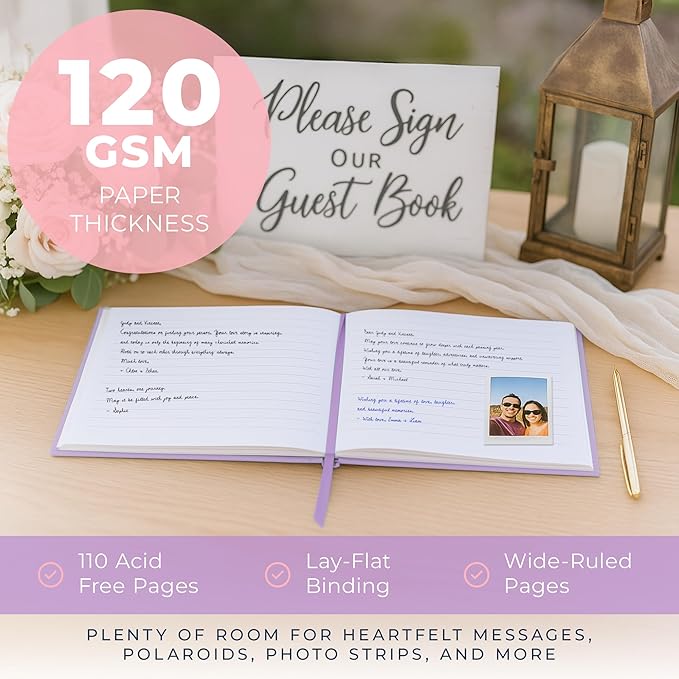 Guest Book for Party, Lavender Purple with Vegan Leather Cover, 110 Lined Pages