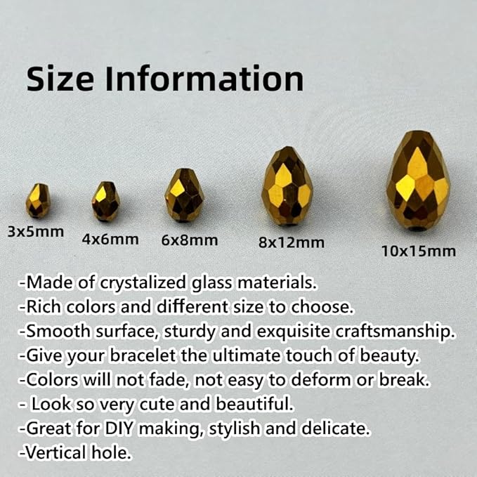 50pcs 10x15mm Teardrop Crystal Glass Beads for Jewelry Making, Faceted Vertical Hole Teardrop Glass Spacer Beads for Wind Chimes Bracelet Earring Necklace DIY Craft(Gold)