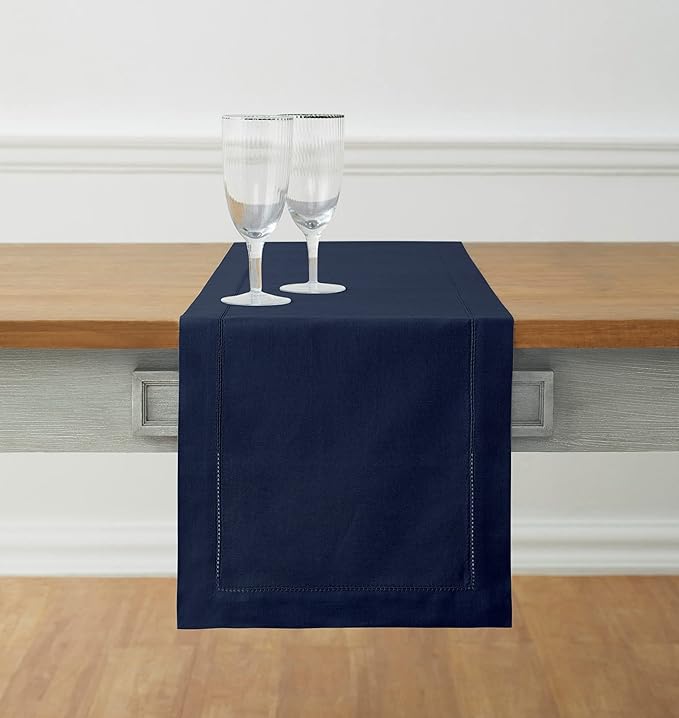 Solino Home Navy Blue Table Runner 48 Inches - Cotton Linen Hemstitch Coffee Table Runner 14 x 48 Inch Ideal for Dresser Tables - Fall, Autumn, Halloween, Thanksgiving, Christmas, Holiday