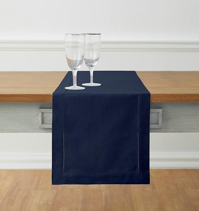 Solino Home Navy Blue Table Runner 120 Inches Long - Cotton Linen Hemstitch 14 x 120 Inch Table Runner for Dining, Fall, Autumn, Thanksgiving, Holiday