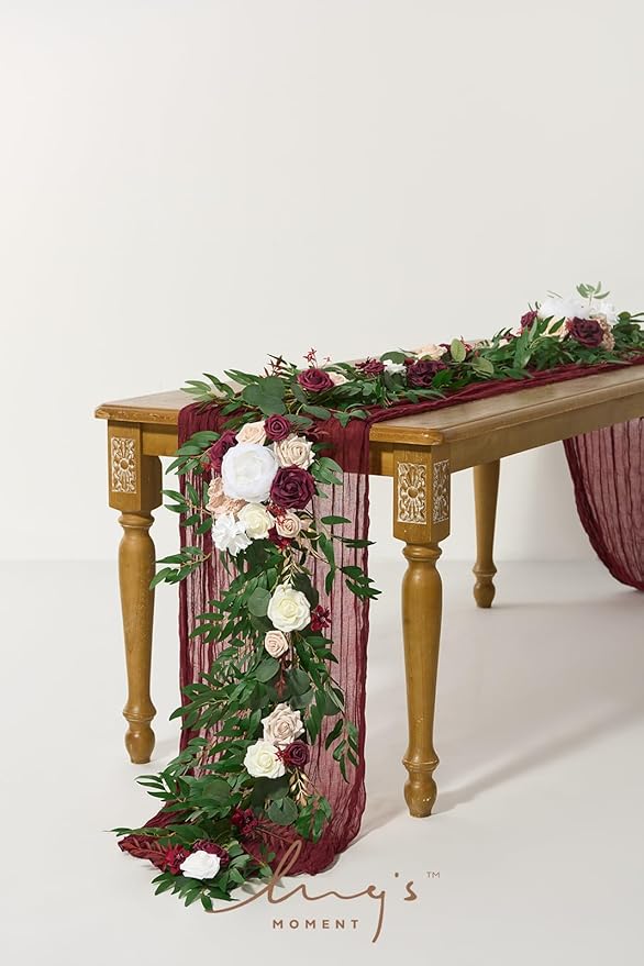 Ling's Moment Flower Garland - 6FT Eucalyptus & Rose - Sweetheart Table Decor for Wedding Reception, Artificial Floral Garland for Mantle, Thanksgiving, Christmas Decoration, Marsala