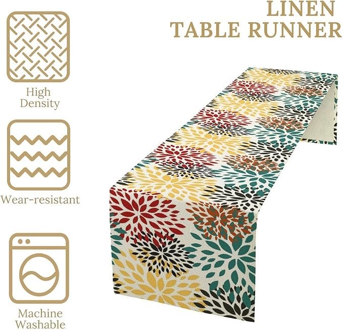 Green Red Dahlia Flower Table Runner Chrysanthemum Geometric Kitchen Dining Bedroom Living Room Table Decor for Indoor Outdoor Home Party, 13x36 Inch