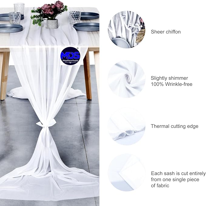 MDS Halloween Chiffon Table Runner - 5 Pack, 29 x 170 Inches, 14ft Each - Sheer Spooky Table Runners for Haunted House Parties, Trick-or-Treat Tables, Witchy Décor, Wedding & Events - White