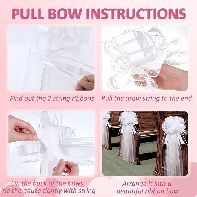 Gift Wrap Bows, 30 Pack White Striped Tulle with Long Tails