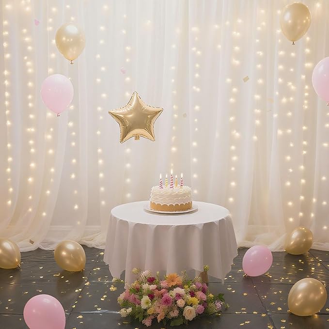 10×10ft Tulle Backdrop Curtains with Lights String - 300LED Fairy Lights Sheer Curtain Backdrop for Weddings Baby Shower and Birthday Party Decorations(4 Panels 5×10ft)