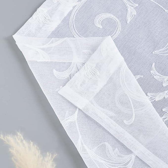 Floral Embroidery Sheer Curtains White 84 Inch Length, Rod Pocket Vintage Voile Drapes for Living room, Bedroom,Semi Crinkle Curtain Panels for Patio, Villa, Set of 2, 52"x 84". (52"Wx84"L, White)