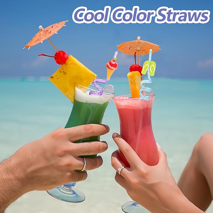 Straws, 24 Count Reusable Glitter Beach Design for Summer Parties