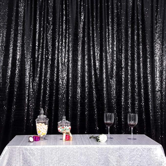 SquarePie Sequin Backdrop Curtain Less See Through Thick Glitter Background for Halloween Party 10FT x 10FT Black