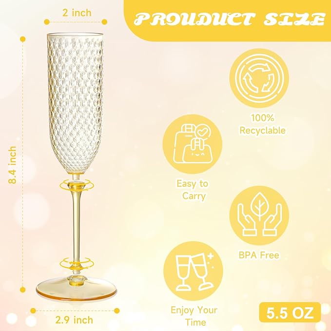 Champagne Glasses 24 Pack, Amber Detachable 2-Piece Plastic Flutes 5.5 oz
