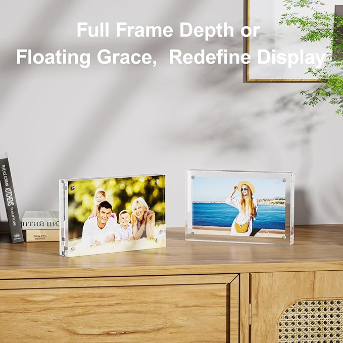 2 Pack 4x6 Acrylic Picture Frames - 20% Thicker Double Sided Magnetic Frame with UV Protection - Freestanding Clear Frameless Display for Tabletops - Modern Photo Frame Set for Home & Office Decor