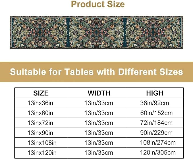 Green Morris Floral Table Runner, Boho Rustic Country Farmhouse Teal Red Rose Pattern for Home Kitchen Table Decor Dining Coffee Room Party Decor 13x120in