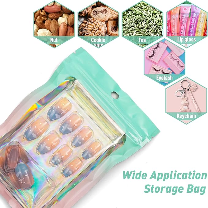 Funfery 100 Pack Gradient Holographic Bags,Mylar Resealable Bags with Zipper,Clear Window Packaging Pouchs,Foil Smell Proof Bag for Food Storage,Sample Jewelry Baggies(4×6In,Green Pink)