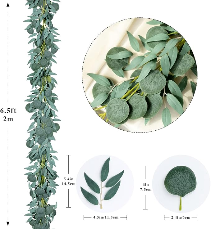 Kisflower 5 Pack 6.56FT Green Eucalyptus Garland for Decoration Table with Willow Leaves Greenery Garland Fake Hanging Plants Vines for Wedding Arch Decor Party Room Home Garden Office Wall Decor