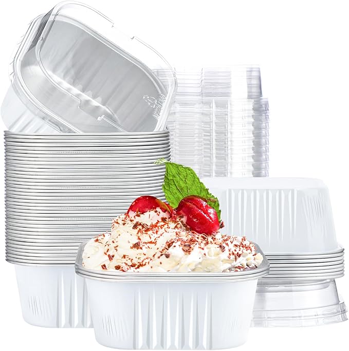Baking Cups 50 Pack, White 10 oz Aluminum Ramekins with Clear Lids