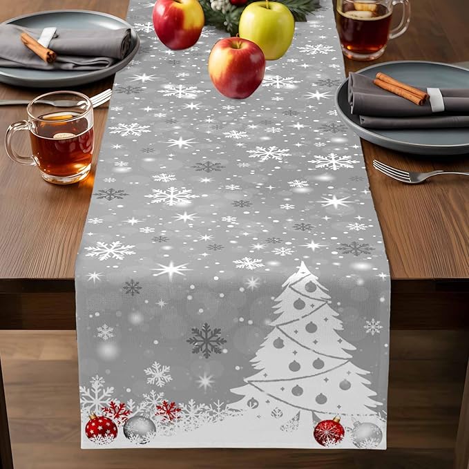 Christmas Snowflakes Cotton Linen Table Runner for Dining Kitchen, Xmas Tree Snow Winter Wedding Outdoor Party Tablerunners Decoration, Grey Balls Dresser Scarf Coffee Tablecloth Runners 13x72 Inches