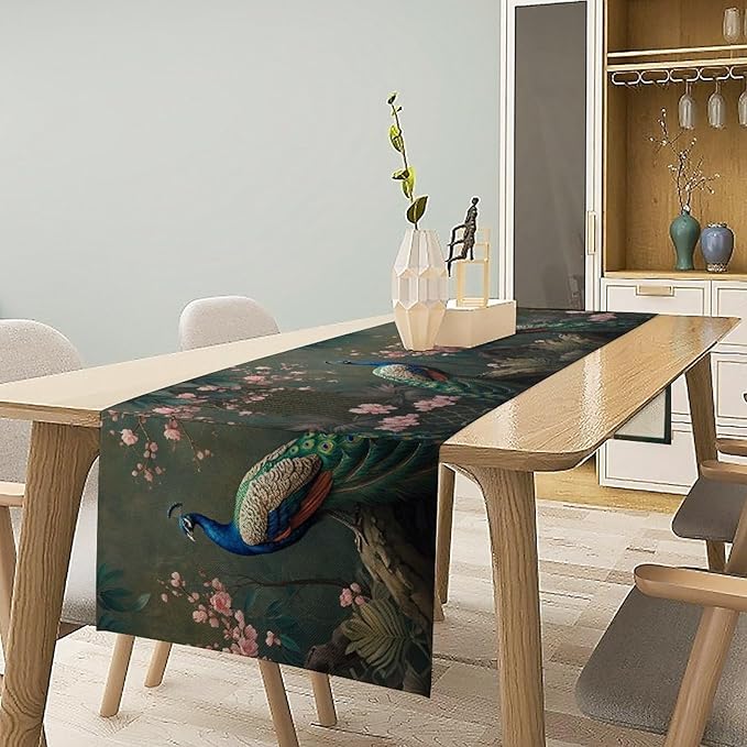 Peacock Table Runner,Vintage Aesthetic Peacock Birds Table Runner for Home Kitchen Dining Party Indoor Outdoor Decoration 13x60 Inch
