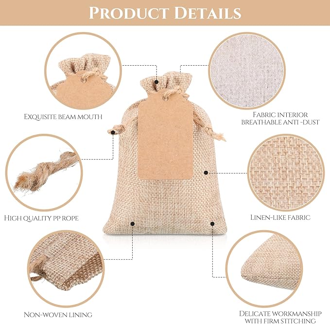 Gift Bags Burlap Drawstring Favor Bags with Kraft Paper Tags, 100 Count