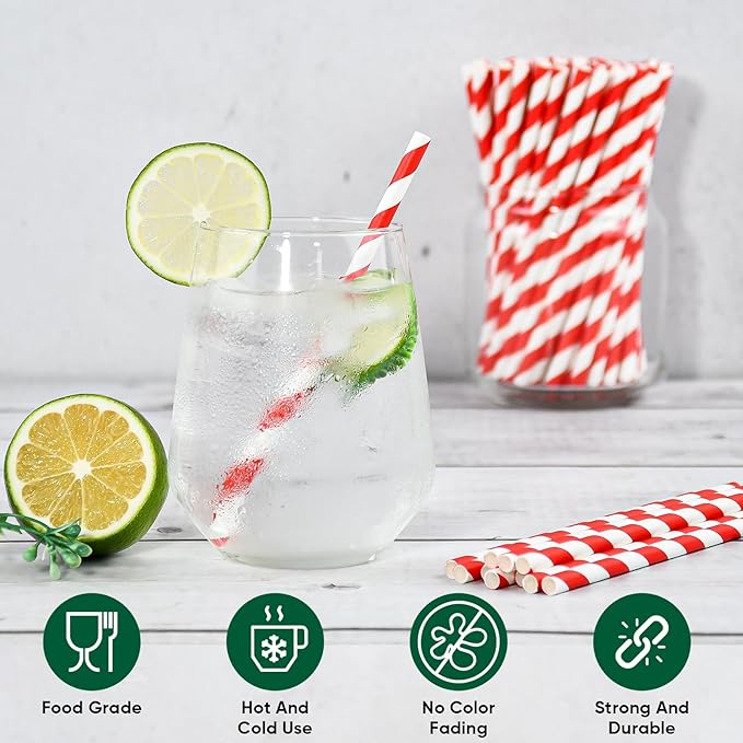 Paper Cocktail Straws, Red and White Striped, 5.75 Inch, 500 Count