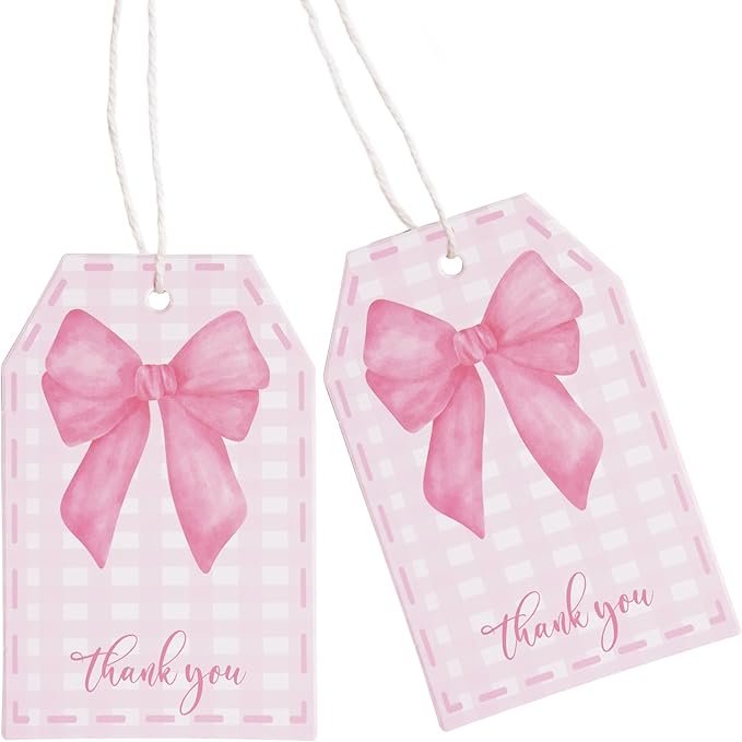 100Pcs Pink Bow Gift Tags with String Pink Buffalo Plaid Large Gift Tags with 65Ft White String Cute Thank You White Paper Tag for Coquette Birthday Baby Shower Wedding Gift Wrap Tag