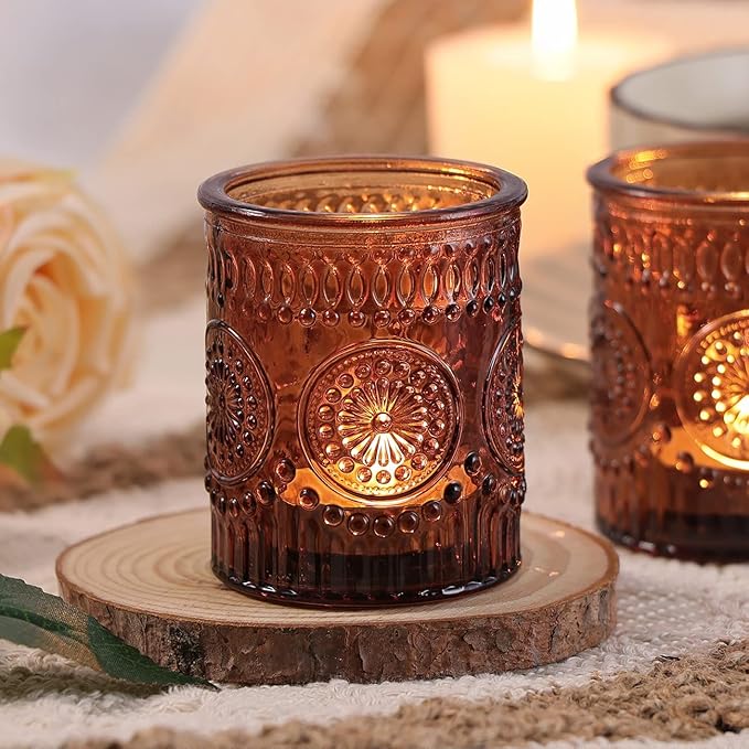 DARJEN Amber Votive Candle Holders Set of 36- Glass Candle Holders Bulk for Flameless LED Tea Waxes, Vintage Candle Holder for Wedding & Home Table Decor, Vintage Parties