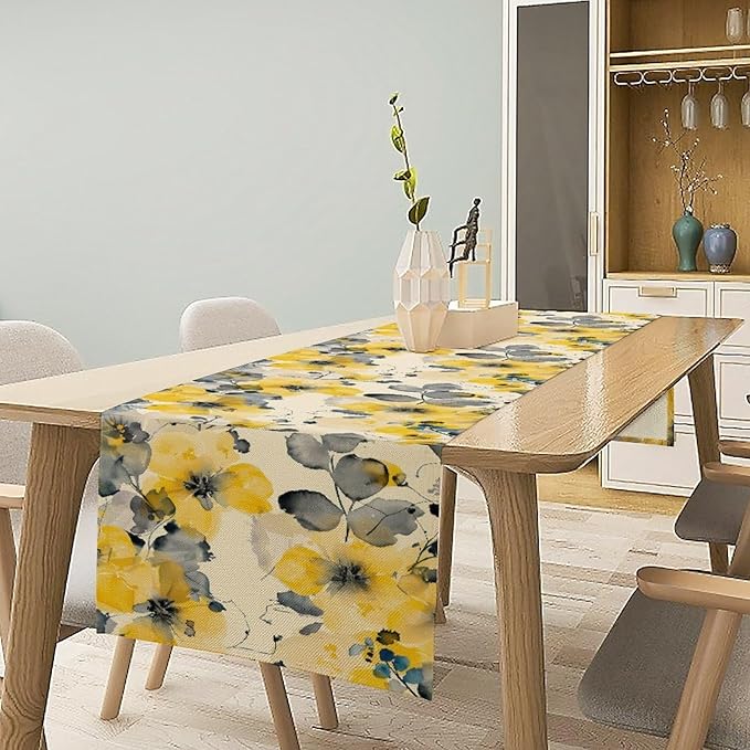 Floral Table Runner,Yellow Flowers Spring Print Table Cloth Kitchen Dining Table Home Party Decoration 13x120 Inch