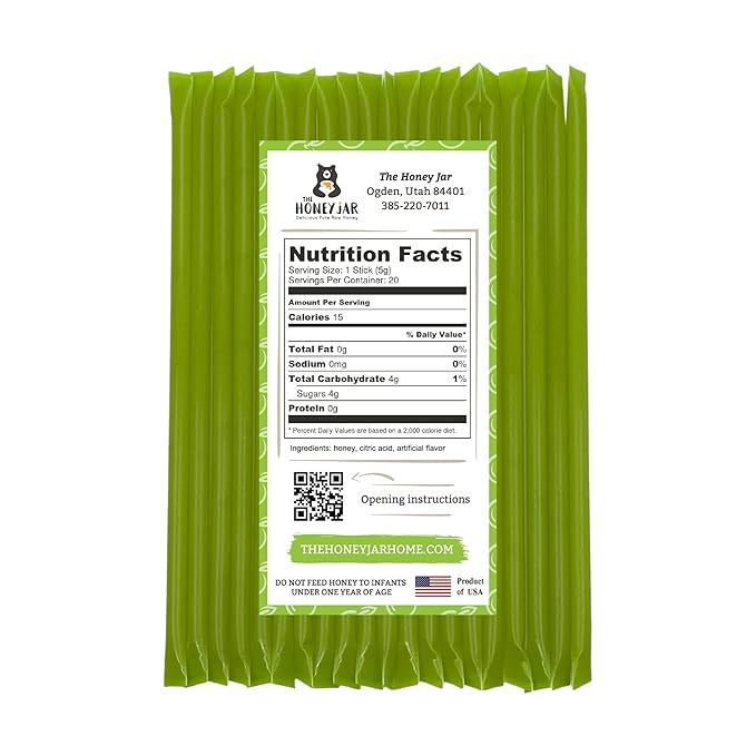 The Honey Jar Green Apple Flavored Honey Sticks - Pure Honey Straws For Tea, Coffee, or a Healthy Treat - One Teaspoon of Flavored Honey Per Stick - Made In The USA with Real Honey - (20 Count)