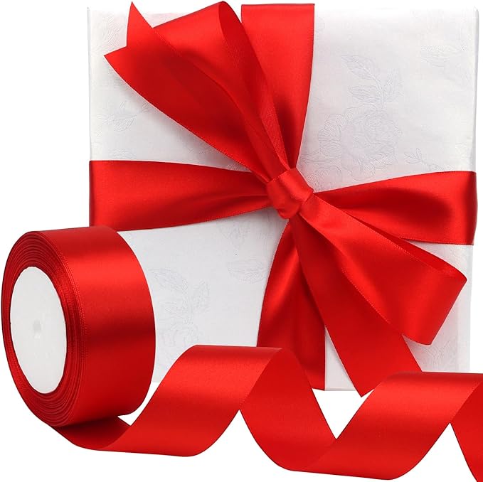 Red Solid Satin Ribbon 1-1/2 Inch 25 Yards Solid Polyester Fabric Ribbon for Gift Wrapping Wedding Christmas Baby Shower Birthday Party Decoration Handmade Immortal Flower Craft
