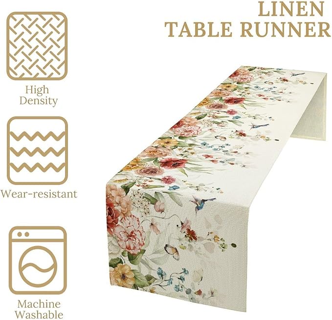 Rustic Floral Table Runner, Watercolor Flower Leaves Hummingbird Butterfly Farmhouse Kitchen Dinning Table Runner for Indoor Outdoor Home Wedding Party Holiday, 13x90 Inch