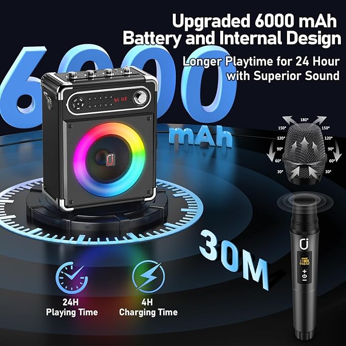 Karaoke Machine with 2 Wireless Microphones,【Upgraded 6.5"Woofer & 2"Tweeter】Portable Bluetooth 5.3 Karaoke Speaker, PA System with Bass/Treble/Echo Adjustment, Supports USB/AUX/TF/TWS for Home Party