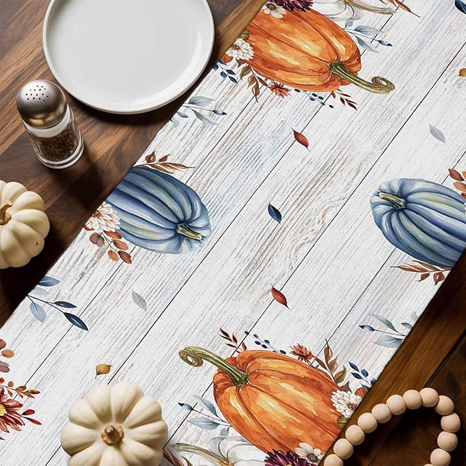 Thanksgiving Fall Cotton Linen Table Runner for Dining Kitchen, Pumpkins Eucalyptus Wedding Outdoor Party Tablerunners Decoration, Farmhouse Wooden Dresser Scarf Coffee Tablecloth Runners 13x60 Inches
