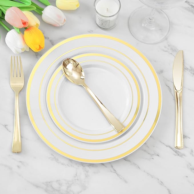 BESTVIP 300 Pack 6.9 Inch Gold Plastic Spoons, Heavy Duty Plastic Silverware, Heavyweight Gold Disposable Spoons, Disposable Serving Utensils for Catering, Parties, Dinners, Weddings, Christmas