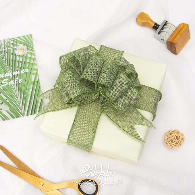 Ribbli Spring Moss/Sage Green Burlap Wired Ribbon,1-1/2 Inch x 10 Yard, Wired Edge Ribbon for Big Bow,Wreath,Tree Decoration,Outdoor Decoration