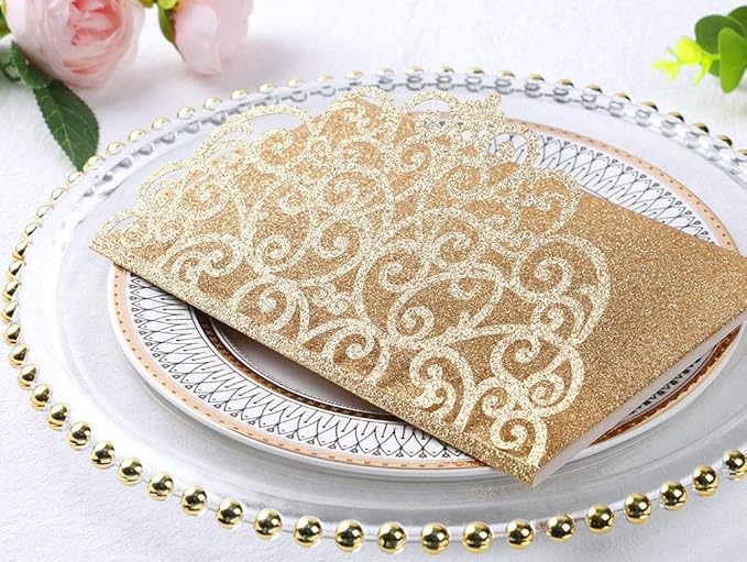 ponatia 5.12 x 7.2 Laser Cut Invitation Pocket, 20PCS Tri-Fold 5 x 7 Laser Cut Wedding Invitation Pockets with Envelopes for Wedding Bbay Shower Birthday Invite (Gold Glitter, No Inner Sheet)