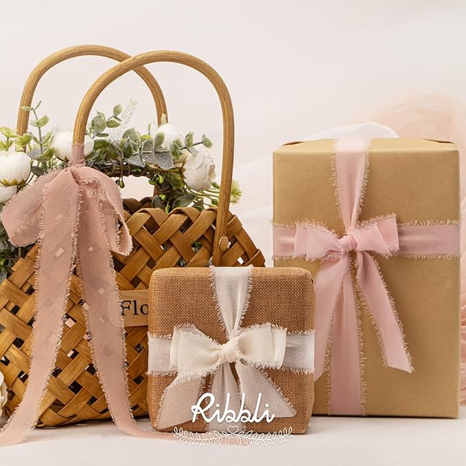 Ribbli Pink Ribbon 1 Inch x 3 Rolls Total 24 Yards Cream/Blush Pink/Rose Gold Handmade Fringe Chiffon Silk Ribbon for Wrapping Wedding Invitations Bridal Bouquets DIY Crafts Home Decor