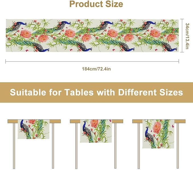 Peacock Table Runner,Seasonal Flower Plants Peacock Birds Table Runner for Home Kitchen Dining Party Indoor Outdoor Decoration 13x120 Inch