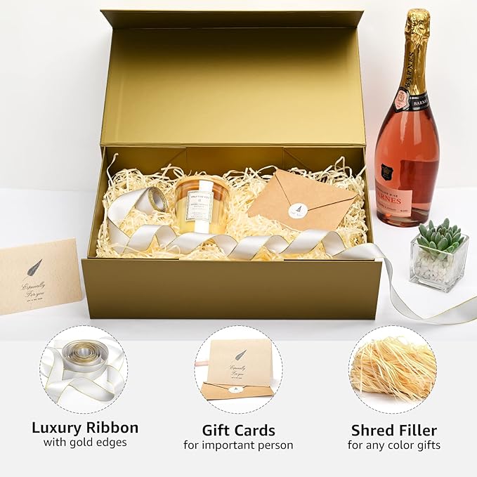 LIFELUM Empty Gift Boxes 2 Pack 13.85 x 8.35 x 4.45 inch Rectangle Collapsible Box with Magnetic Lid and Ribbon,Card,Shredded Paper Filler