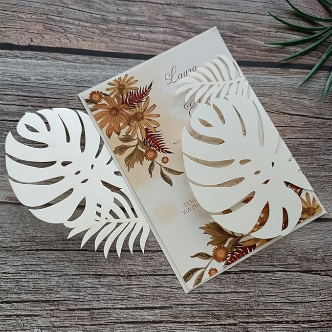 MillaSaw 20pcs Palm Wedding Invitations Cards with Envelopes, for Wedding Bridal Shower Quinceañera Engagement Birthday Invites, Pearl Ivory (ivory)